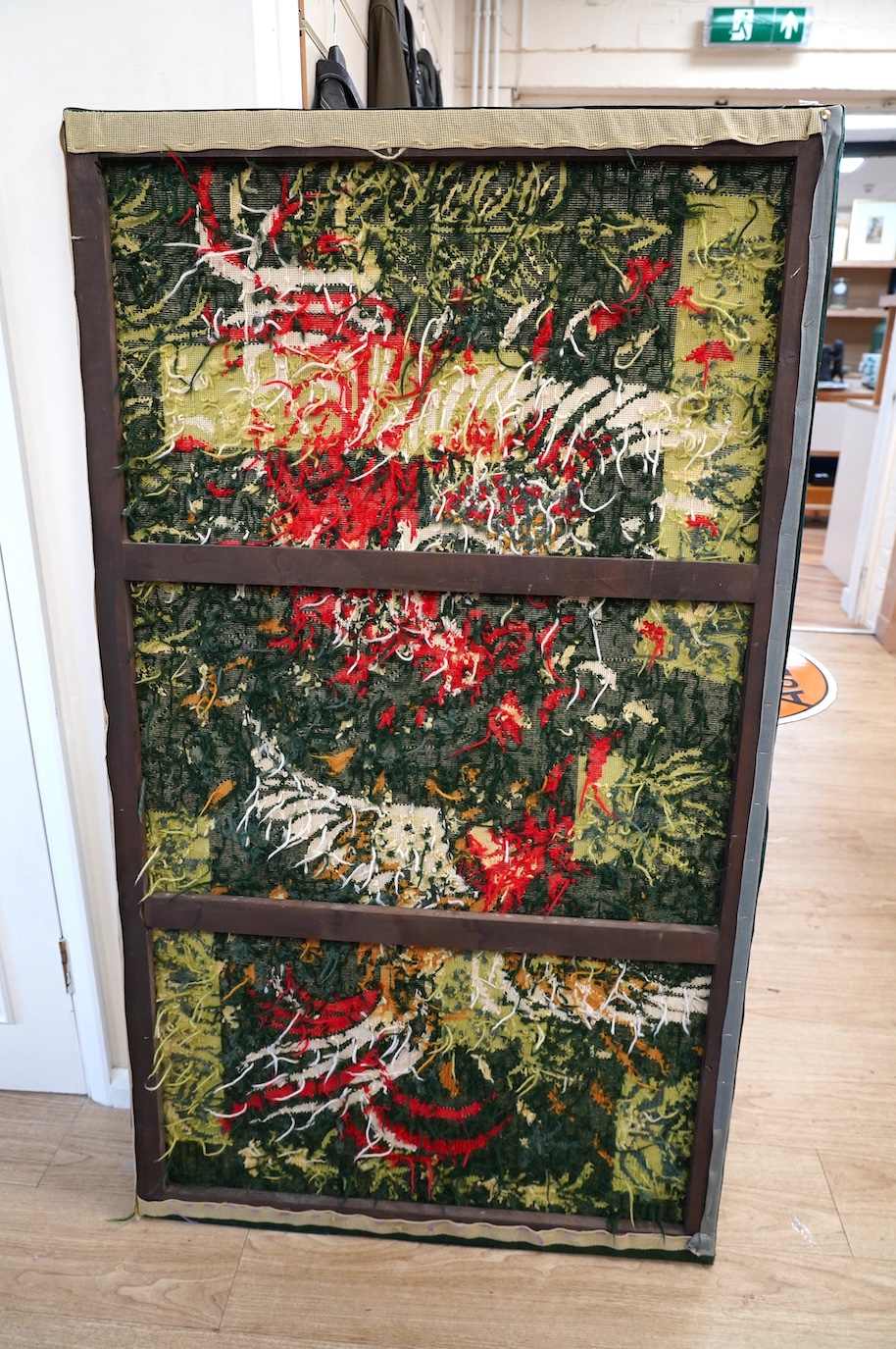 A ‘Lurcat’ style modernist needlework panel depicting two cockerels, 144cm wide, 82cm high. Condition - good